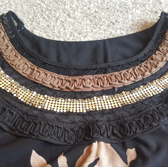 Vintage sepia floral midi dress sequined neck halter, M - Picture 3 of 6